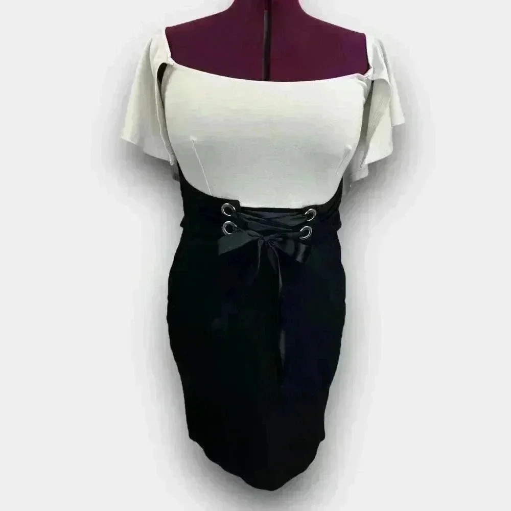 Venus Womens Off Shoulder Dress 14 Black White Colorblock Lace Up Corset Bodycon